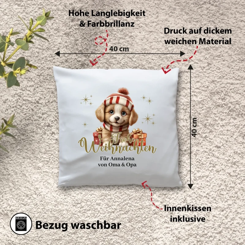 Personalisiertes Weihnachts-Kissen - Frohe Weihnachten mit Baby-Hund und Wunschtext, Weihnachtsgrüße, Weihnachtsgeschenk