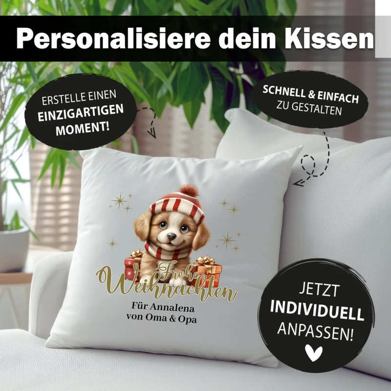 Personalisiertes Weihnachts-Kissen - Frohe Weihnachten mit Baby-Hund und Wunschtext, Weihnachtsgrüße, Weihnachtsgeschenk