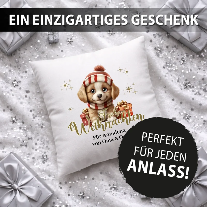 Personalisiertes Weihnachts-Kissen - Frohe Weihnachten mit Baby-Hund und Wunschtext, Weihnachtsgrüße, Weihnachtsgeschenk