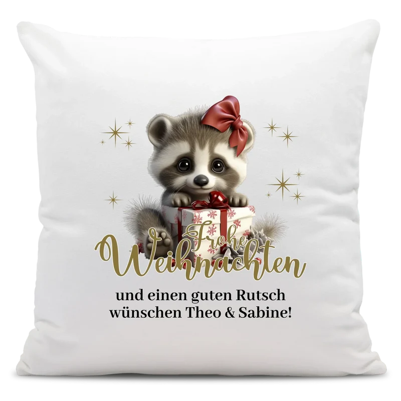 Personalisiertes Weihnachts-Kissen - Frohe Weihnachten mit Baby-Waschbär und Wunschtext, Weihnachtsgrüße, Weihnachtsgeschenk