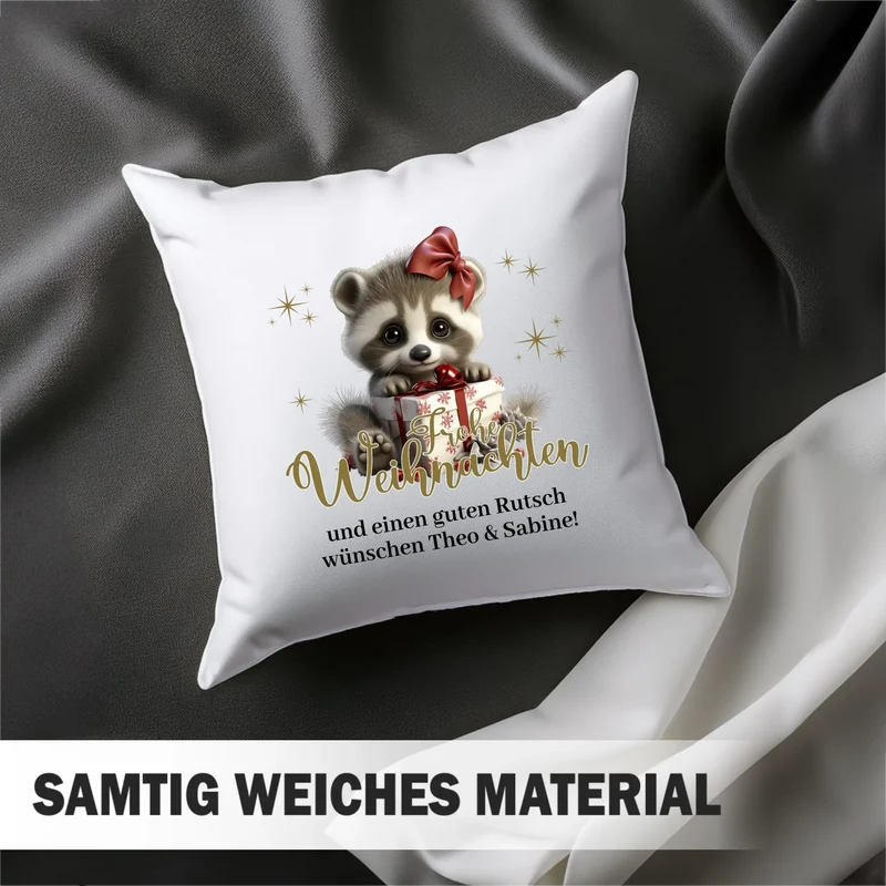 Personalisiertes Weihnachts-Kissen - Frohe Weihnachten mit Baby-Waschbär und Wunschtext, Weihnachtsgrüße, Weihnachtsgeschenk