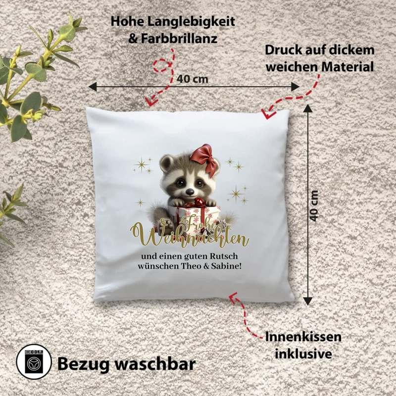 Personalisiertes Weihnachts-Kissen - Frohe Weihnachten mit Baby-Waschbär und Wunschtext, Weihnachtsgrüße, Weihnachtsgeschenk