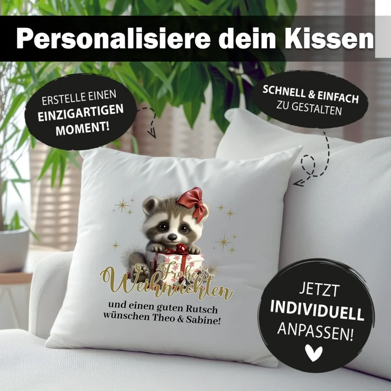 Personalisiertes Weihnachts-Kissen - Frohe Weihnachten mit Baby-Waschbär und Wunschtext, Weihnachtsgrüße, Weihnachtsgeschenk