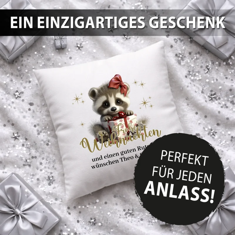 Personalisiertes Weihnachts-Kissen - Frohe Weihnachten mit Baby-Waschbär und Wunschtext, Weihnachtsgrüße, Weihnachtsgeschenk
