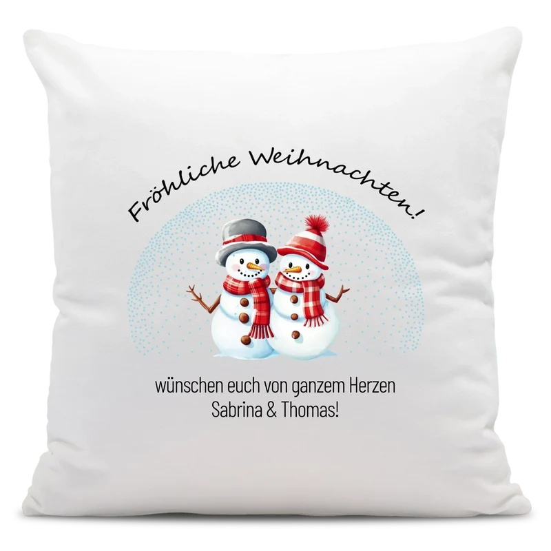 Personalisiertes Weihnachts-Kissen - Fröhliche Weihnachten - Schneemänner-Pärchen mit Wunschtext
