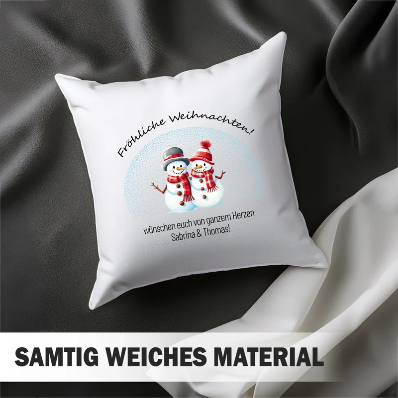Personalisiertes Weihnachts-Kissen - Fröhliche Weihnachten - Schneemänner-Pärchen mit Wunschtext