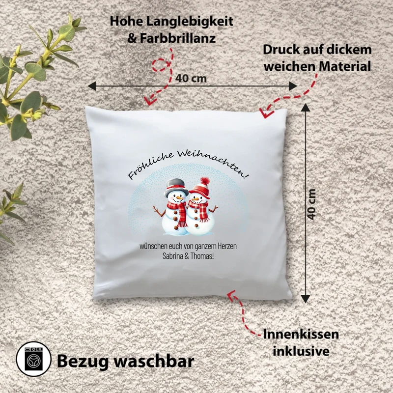 Personalisiertes Weihnachts-Kissen - Fröhliche Weihnachten - Schneemänner-Pärchen mit Wunschtext