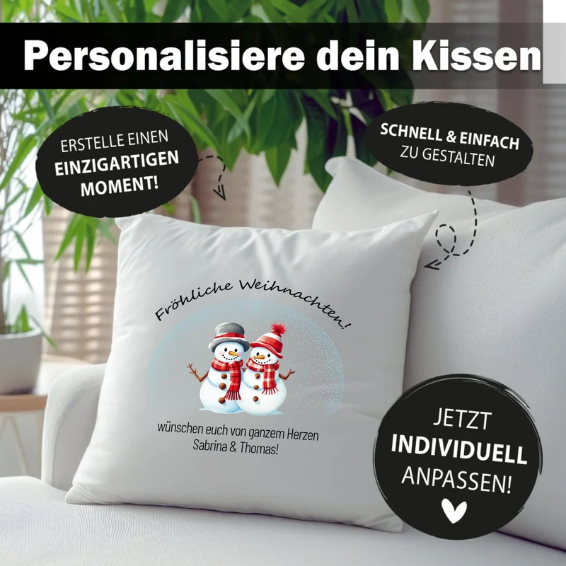 Personalisiertes Weihnachts-Kissen - Fröhliche Weihnachten - Schneemänner-Pärchen mit Wunschtext