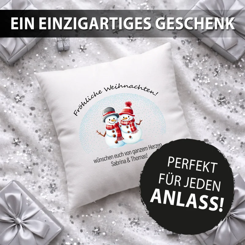Personalisiertes Weihnachts-Kissen - Fröhliche Weihnachten - Schneemänner-Pärchen mit Wunschtext