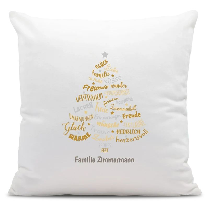 Personalisiertes Weihnachts-Kissen - Glück, Liebe Familie - Tannenbaum-Gold - mit Namen