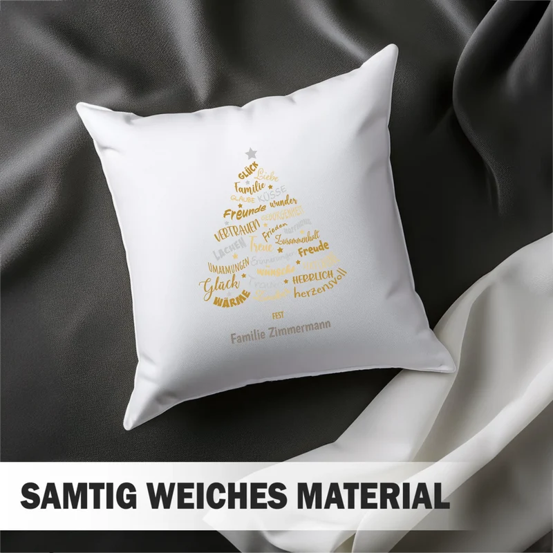 Personalisiertes Weihnachts-Kissen - Glück, Liebe Familie - Tannenbaum-Gold - mit Namen
