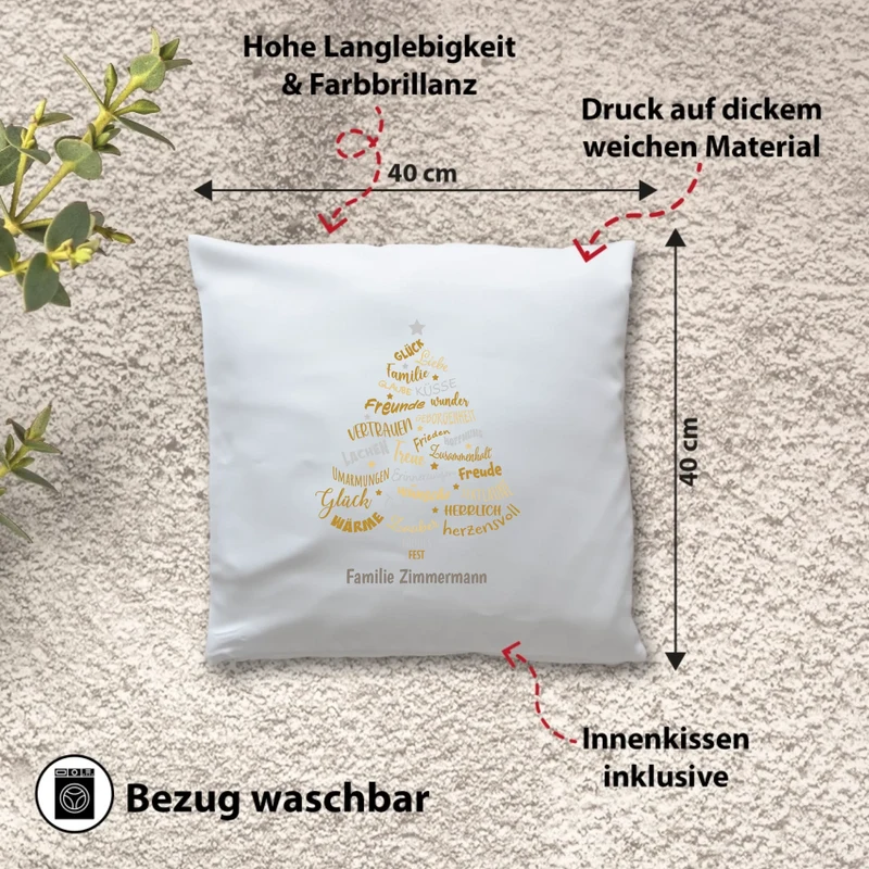 Personalisiertes Weihnachts-Kissen - Glück, Liebe Familie - Tannenbaum-Gold - mit Namen