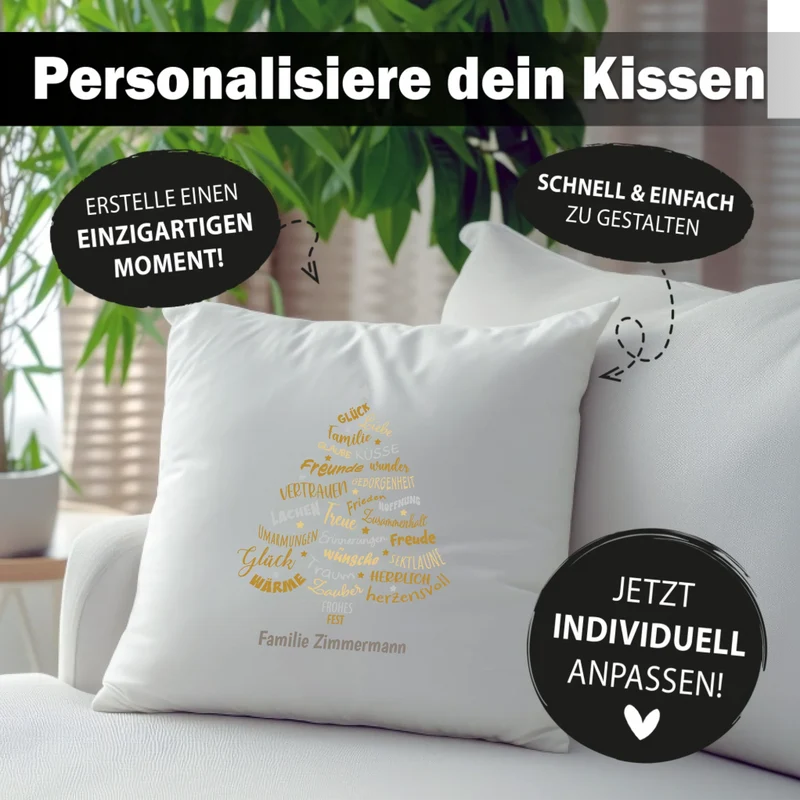 Personalisiertes Weihnachts-Kissen - Glück, Liebe Familie - Tannenbaum-Gold - mit Namen
