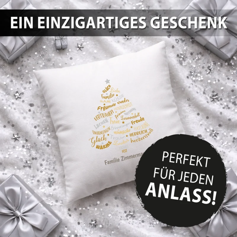 Personalisiertes Weihnachts-Kissen - Glück, Liebe Familie - Tannenbaum-Gold - mit Namen