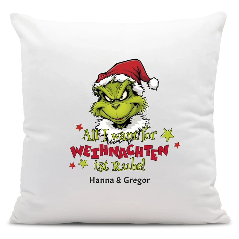 Personalisiertes Weihnachts-Kissen - Weihnachtsmuffel All I Want for Weihnachten ist Ruhe! - Mit Wunschtext, Namen - Weihnachtsgeschenk, Wichtelgeschenk