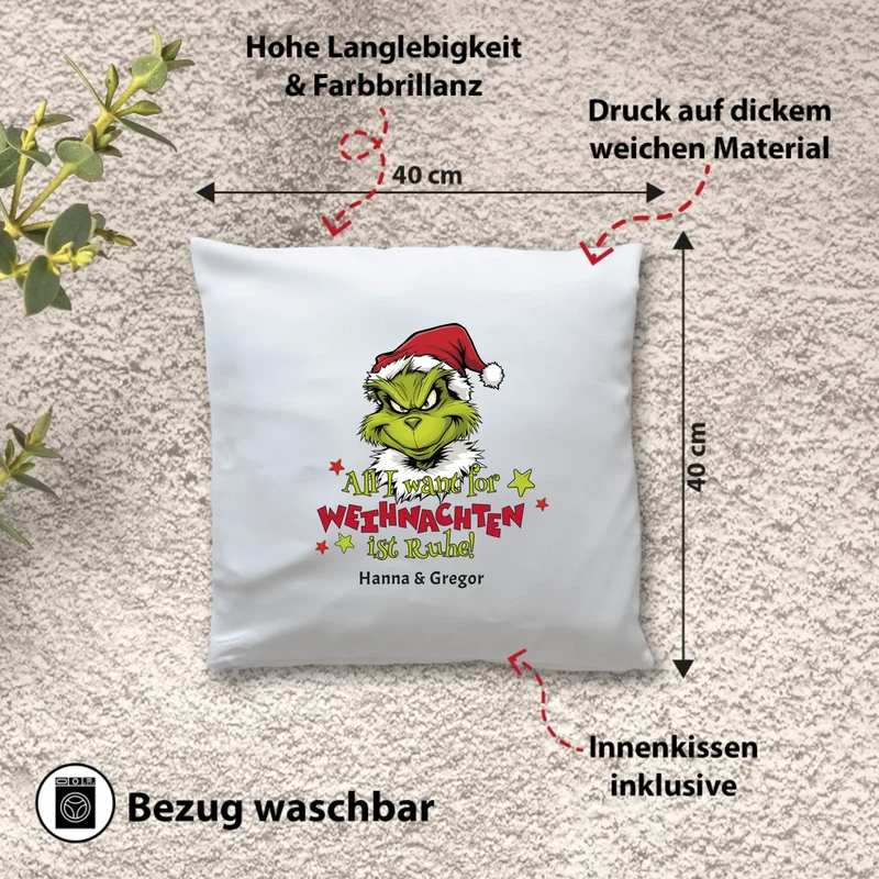 Personalisiertes Weihnachts-Kissen - Weihnachtsmuffel All I Want for Weihnachten ist Ruhe! - Mit Wunschtext, Namen - Weihnachtsgeschenk, Wichtelgeschenk