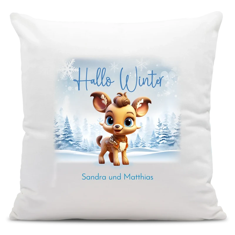 Personalisiertes Rentier Weihnachts-Kissen - Hallo Winter mit Winterwelt und Wunschtext, Namen