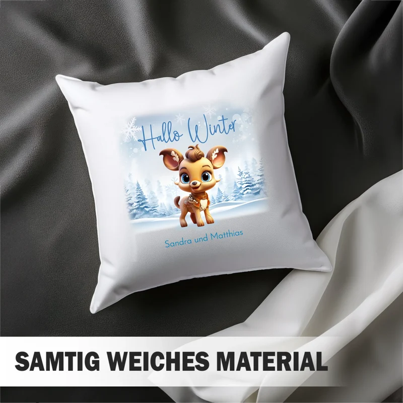 Personalisiertes Rentier Weihnachts-Kissen - Hallo Winter mit Winterwelt und Wunschtext, Namen