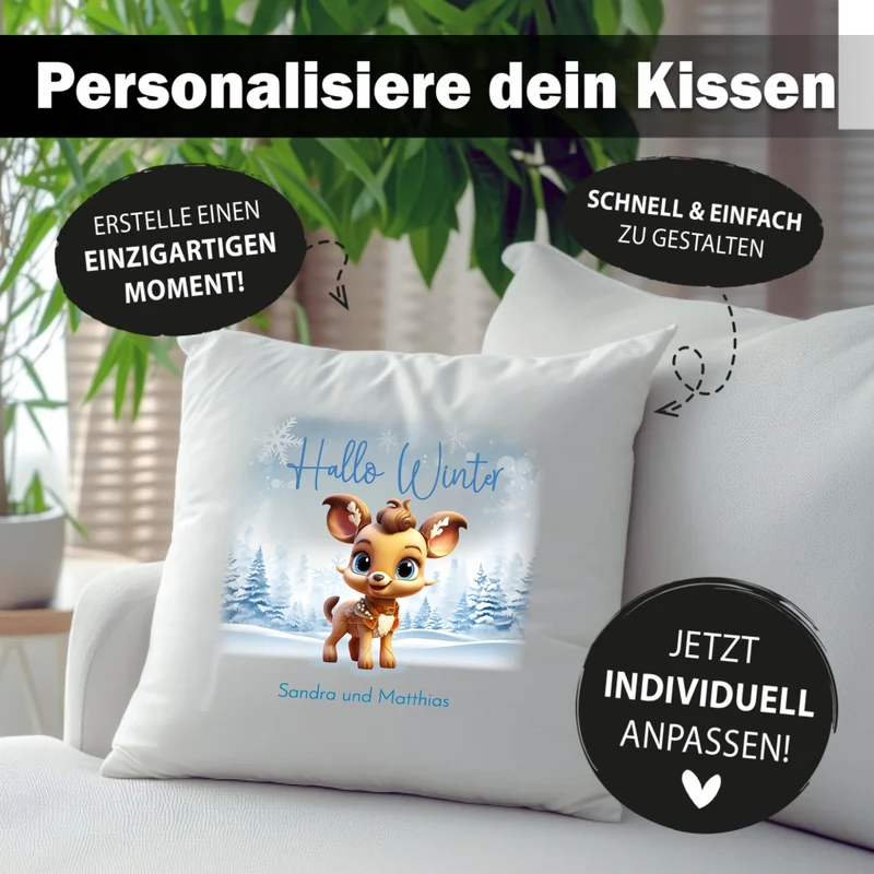 Personalisiertes Rentier Weihnachts-Kissen - Hallo Winter mit Winterwelt und Wunschtext, Namen