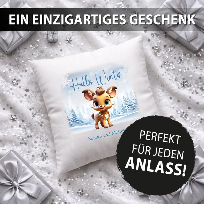 Personalisiertes Rentier Weihnachts-Kissen - Hallo Winter mit Winterwelt und Wunschtext, Namen