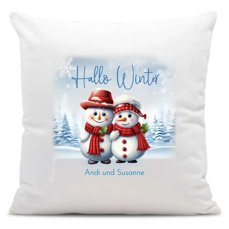 Personalisiertes Weihnachts-Kissen - Hallo Winter mit süße Schneemänner, Winterwelt und Wunschtext, Namen