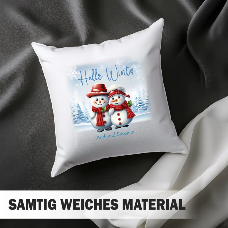 Personalisiertes Weihnachts-Kissen - Hallo Winter mit süße Schneemänner, Winterwelt und Wunschtext, Namen