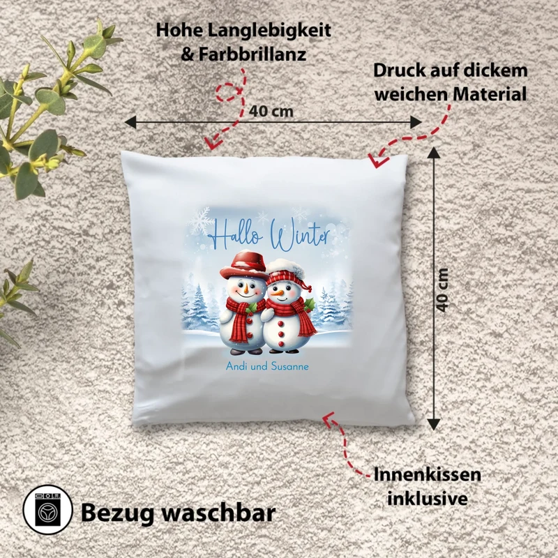 Personalisiertes Weihnachts-Kissen - Hallo Winter mit süße Schneemänner, Winterwelt und Wunschtext, Namen