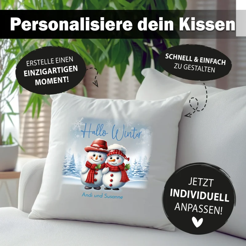 Personalisiertes Weihnachts-Kissen - Hallo Winter mit süße Schneemänner, Winterwelt und Wunschtext, Namen