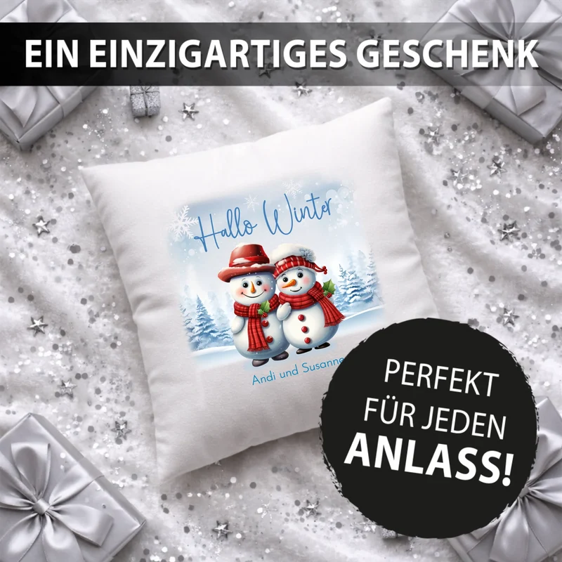 Personalisiertes Weihnachts-Kissen - Hallo Winter mit süße Schneemänner, Winterwelt und Wunschtext, Namen