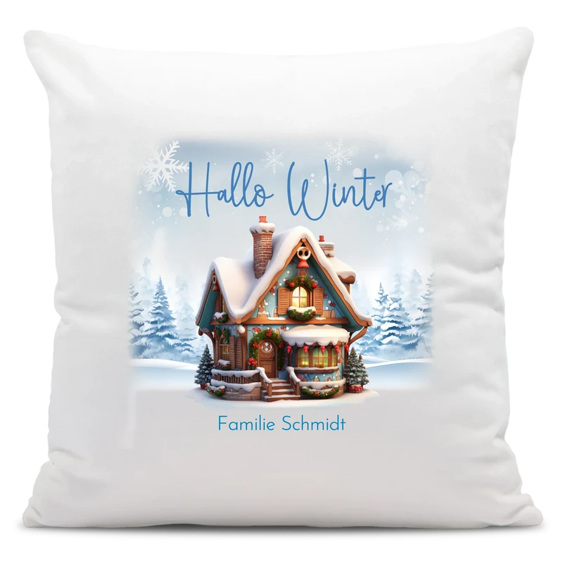Personalisiertes Weihnachts-Kissen - Hallo Winter mit süßem Haus, Winterwelt und Wunschtext, Namen