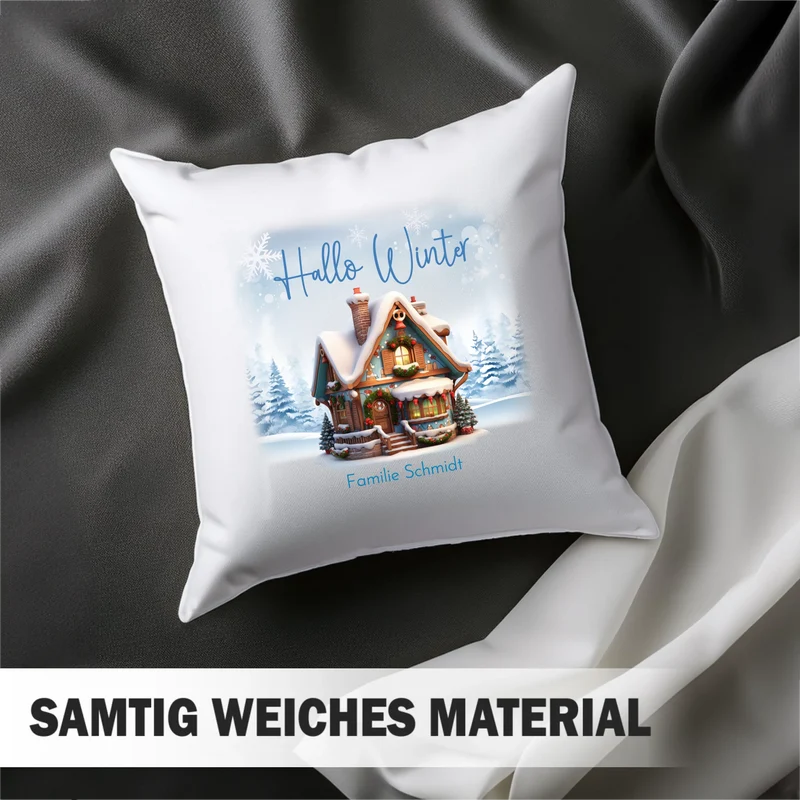 Personalisiertes Weihnachts-Kissen - Hallo Winter mit süßem Haus, Winterwelt und Wunschtext, Namen