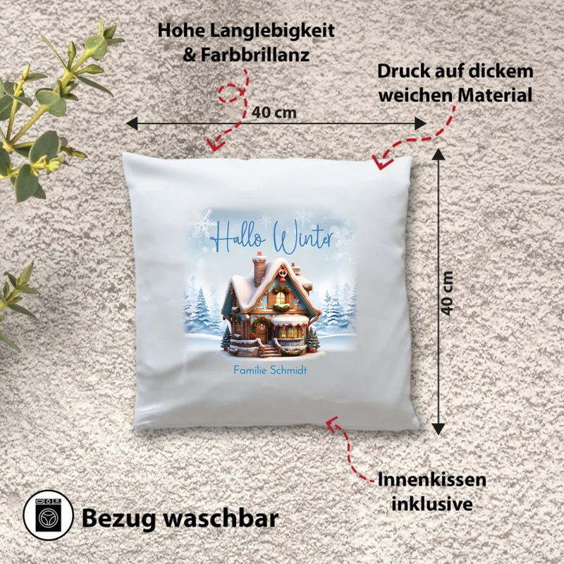 Personalisiertes Weihnachts-Kissen - Hallo Winter mit süßem Haus, Winterwelt und Wunschtext, Namen