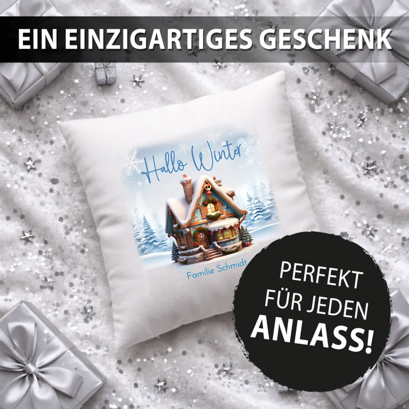 Personalisiertes Weihnachts-Kissen - Hallo Winter mit süßem Haus, Winterwelt und Wunschtext, Namen