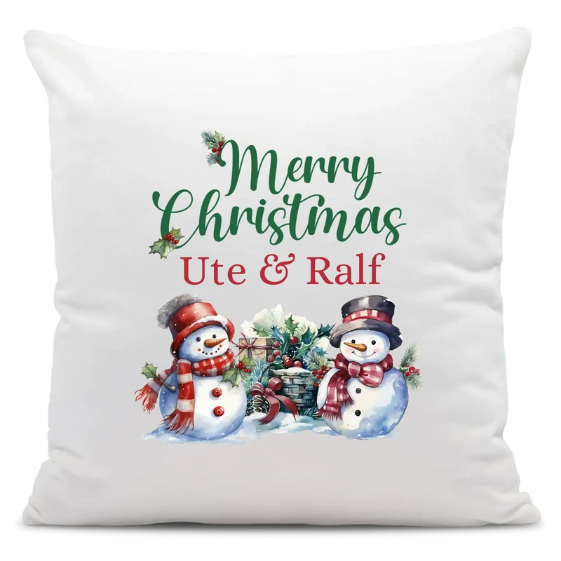 Personalisiertes Weihnachts-Kissen - Merry Christams mit Name, Wunschtext - Schneemänner - Weihnachtsgeschenk