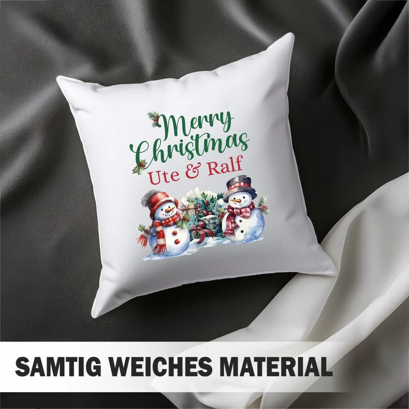 Personalisiertes Weihnachts-Kissen - Merry Christams mit Name, Wunschtext - Schneemänner - Weihnachtsgeschenk