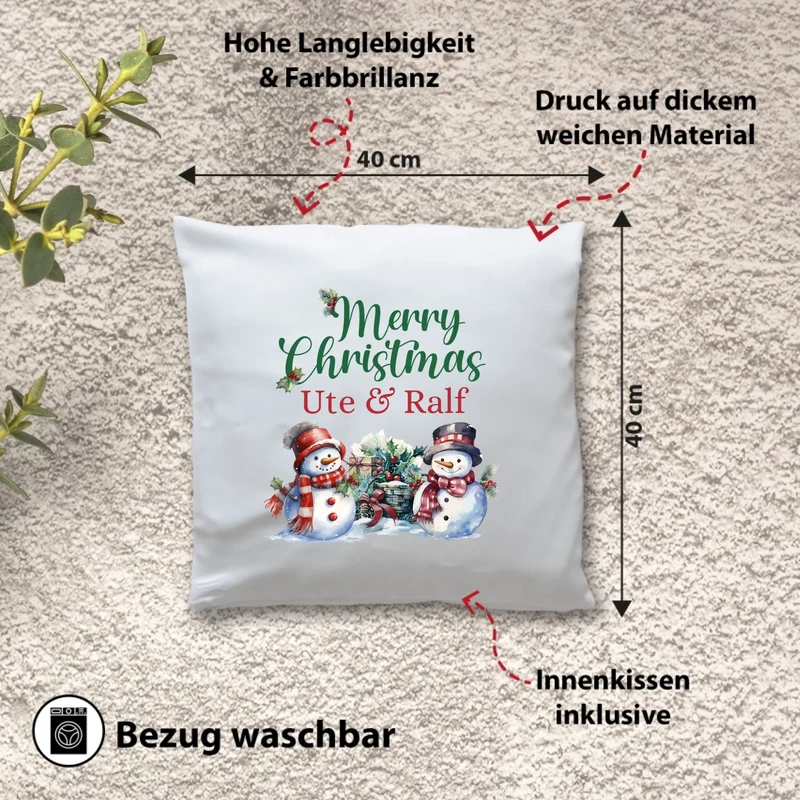 Personalisiertes Weihnachts-Kissen - Merry Christams mit Name, Wunschtext - Schneemänner - Weihnachtsgeschenk