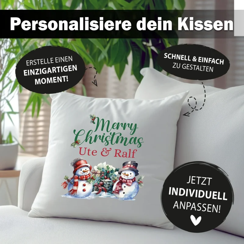 Personalisiertes Weihnachts-Kissen - Merry Christams mit Name, Wunschtext - Schneemänner - Weihnachtsgeschenk