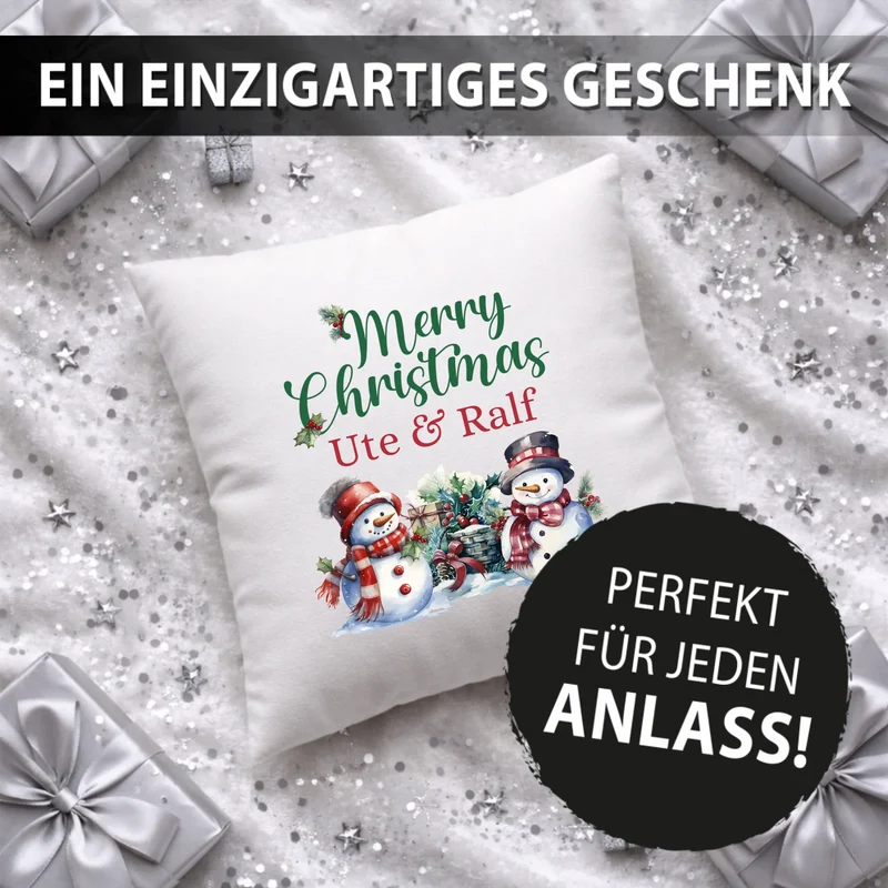 Personalisiertes Weihnachts-Kissen - Merry Christams mit Name, Wunschtext - Schneemänner - Weihnachtsgeschenk