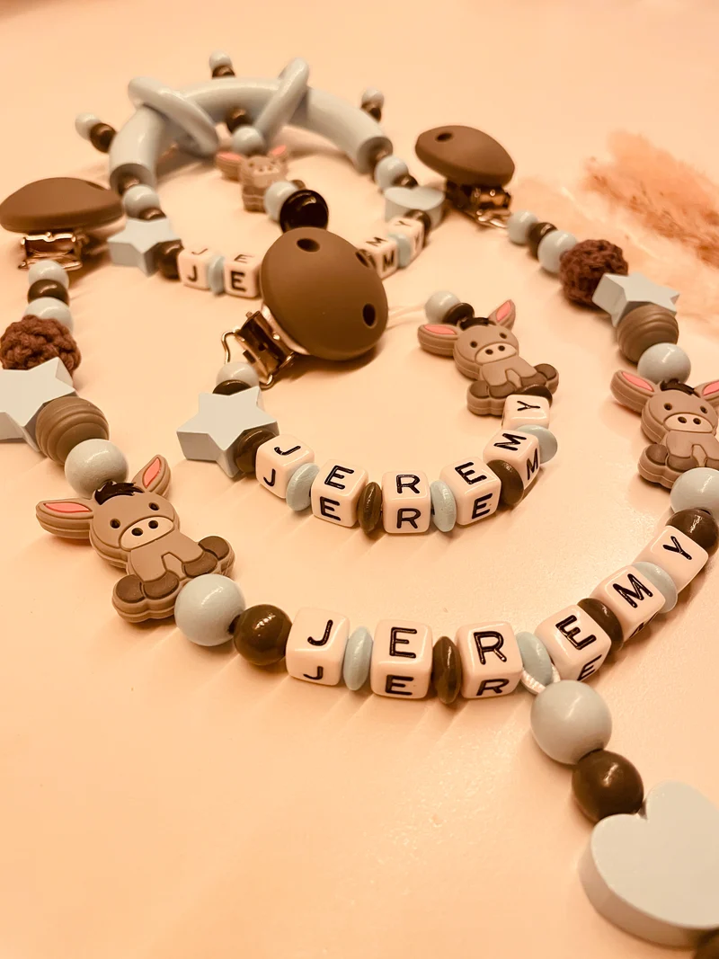 Schnullerkette Kinderwagenkette Greifring Esel blau/grau