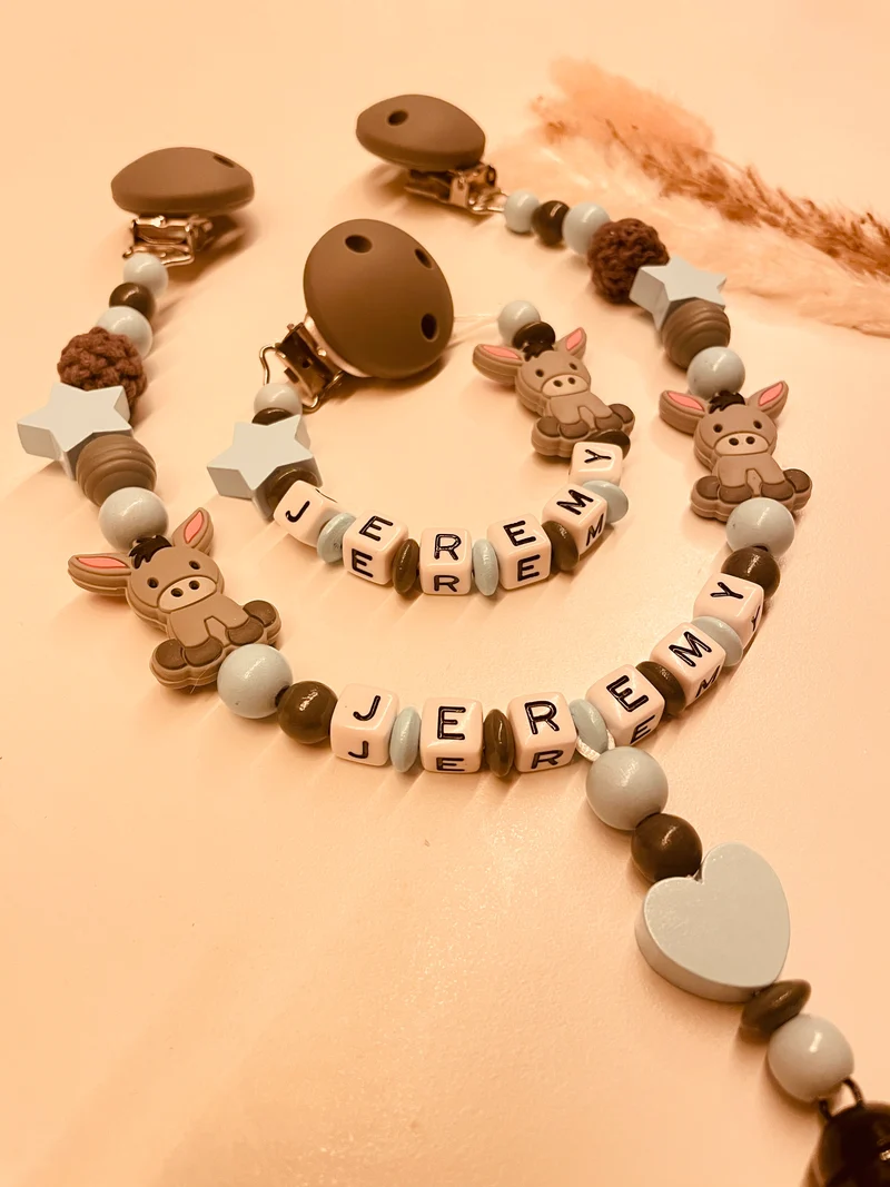 Schnullerkette Kinderwagenkette Greifring Esel blau/grau