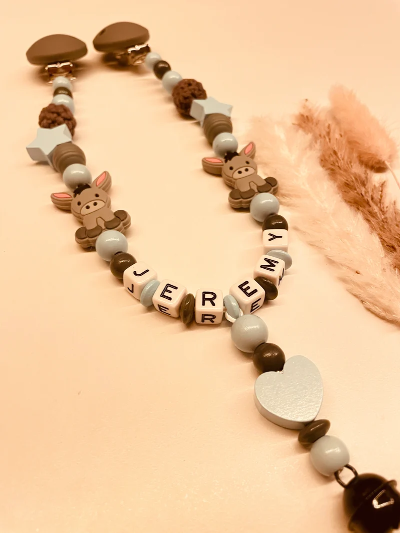 Schnullerkette Kinderwagenkette Greifring Esel blau/grau