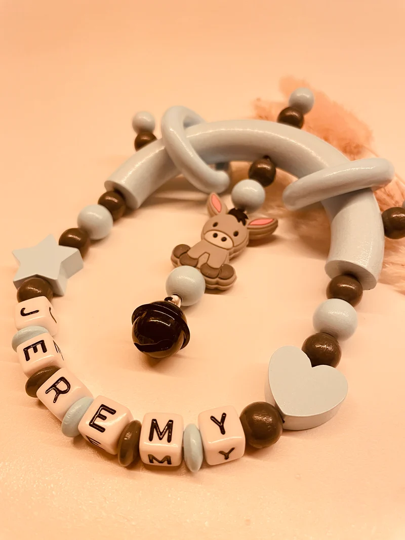 Schnullerkette Kinderwagenkette Greifring Esel blau/grau