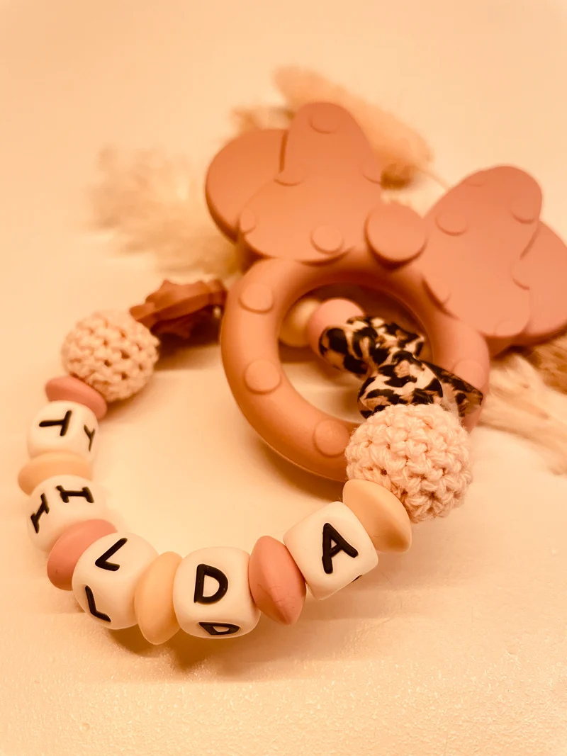 Greifring personalisiert Maus beige/altrosa