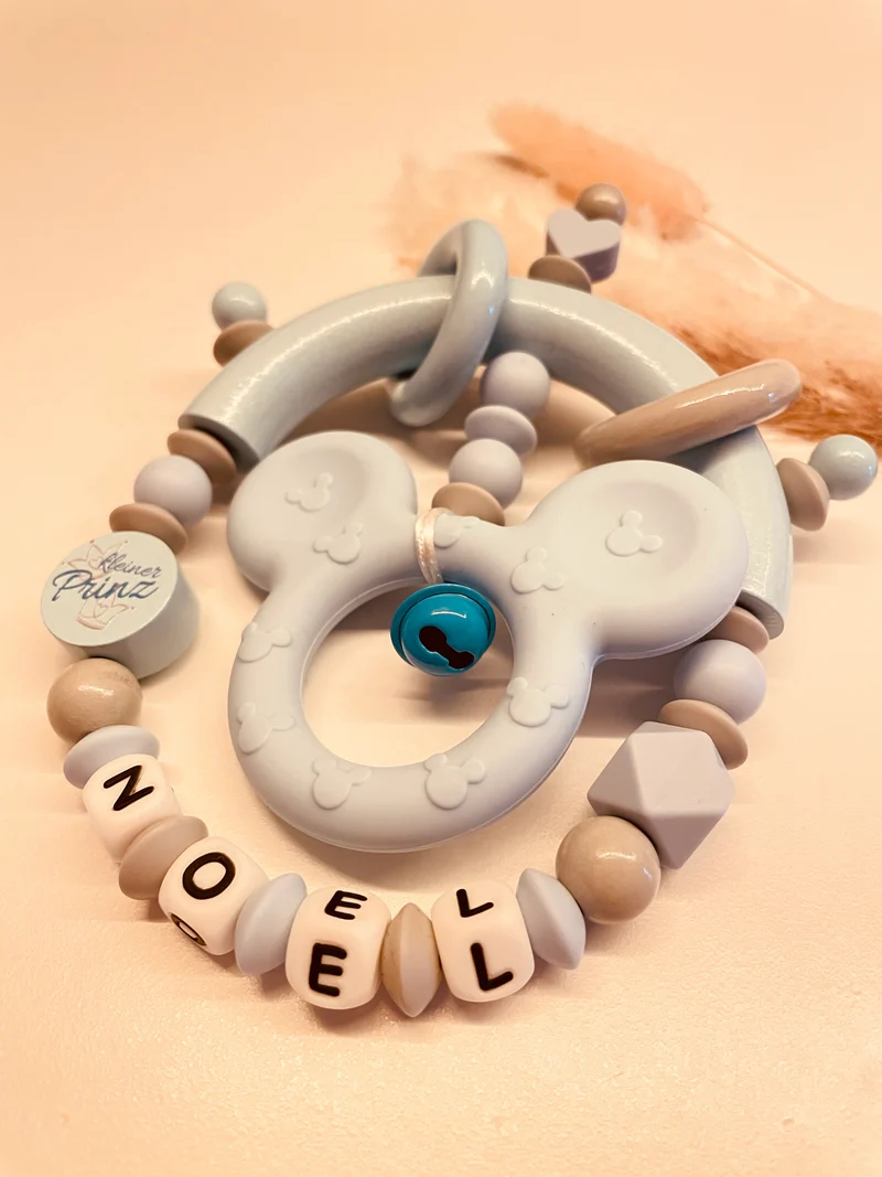 Greifring personalisiert Maus blau grau