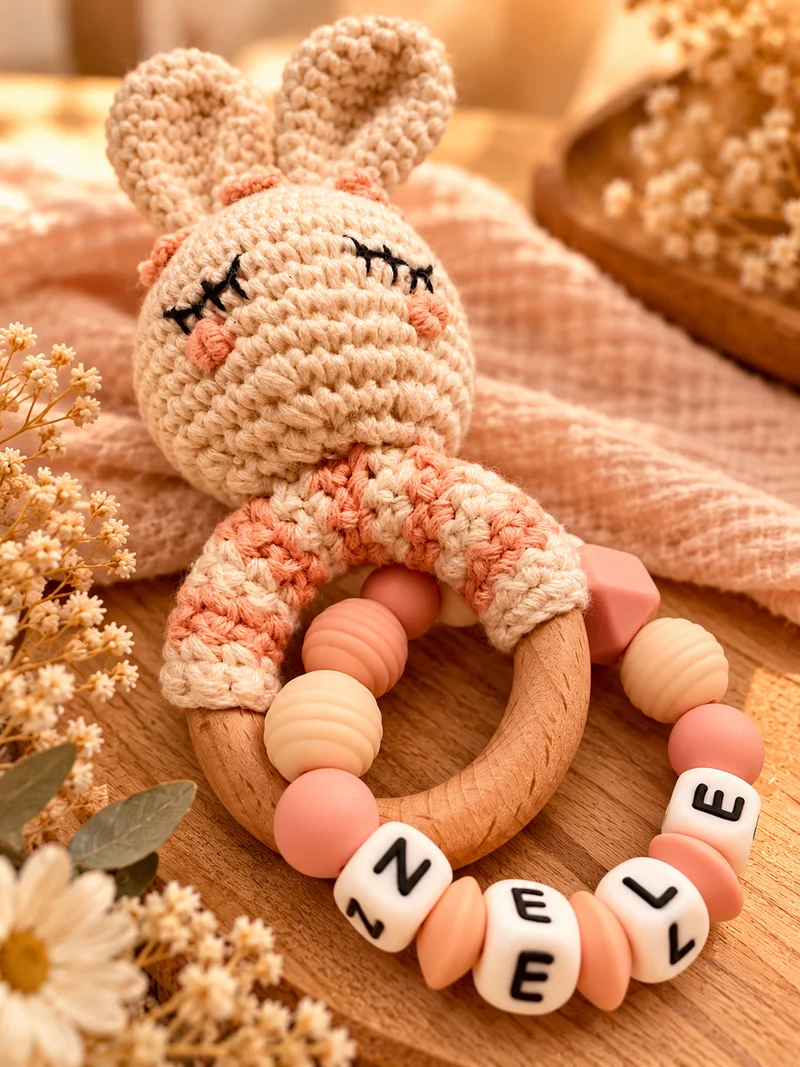 Häkelrassel Hase beige peach personalisiert