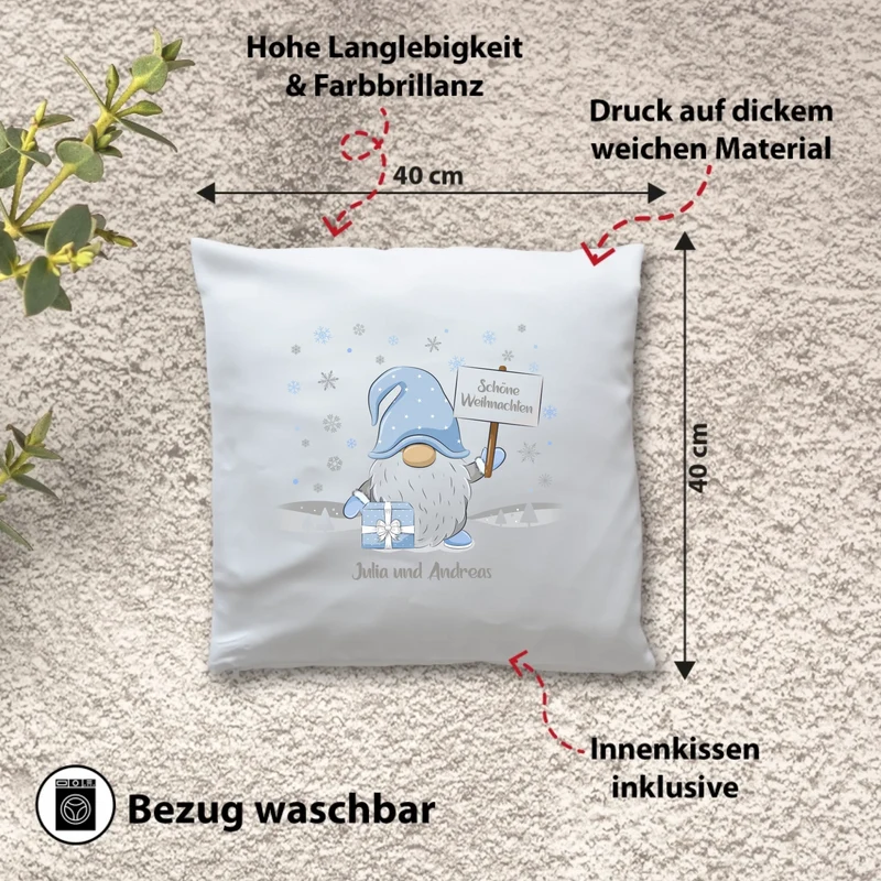 Personalisiertes Weihnachts-Kissen - Winter Wichtel Fröhliche Weihnachten mit Wunschtext, Namen - Weihnachtsgeschenk