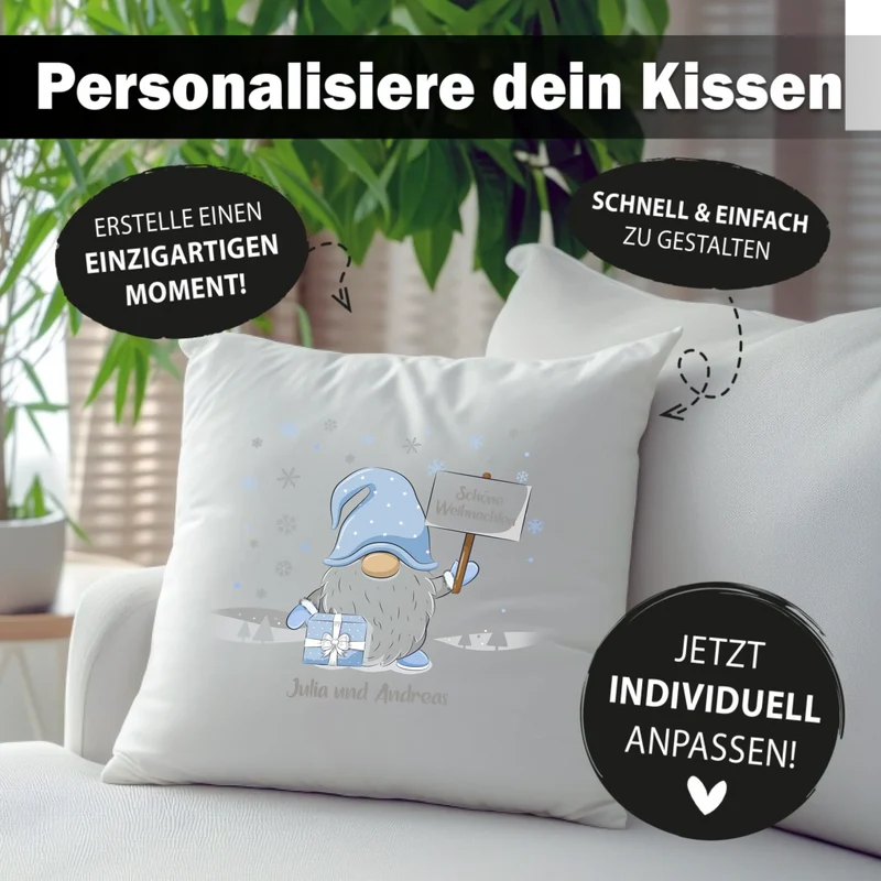 Personalisiertes Weihnachts-Kissen - Winter Wichtel Fröhliche Weihnachten mit Wunschtext, Namen - Weihnachtsgeschenk
