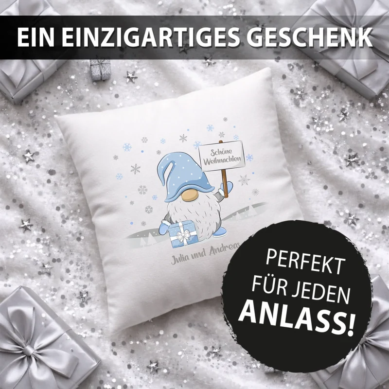 Personalisiertes Weihnachts-Kissen - Winter Wichtel Fröhliche Weihnachten mit Wunschtext, Namen - Weihnachtsgeschenk