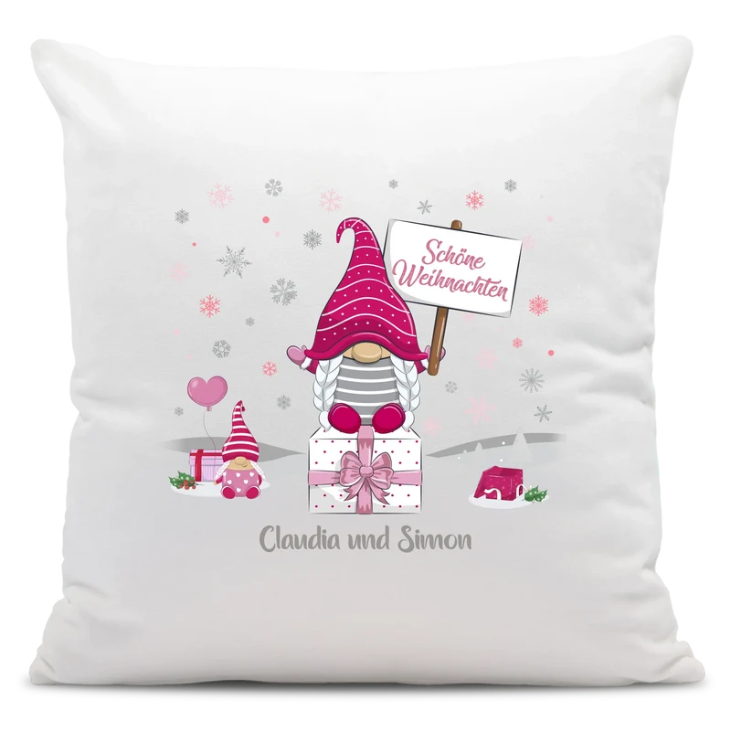 Personalisiertes Weihnachts-Kissen - Rosa Wichtel Schöne Weihnachten mit Wunschtext, Namen - Weihnachtsgeschenk