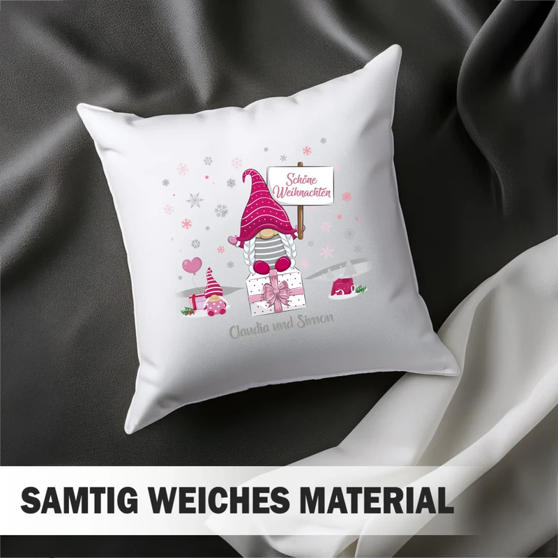 Personalisiertes Weihnachts-Kissen - Rosa Wichtel Schöne Weihnachten mit Wunschtext, Namen - Weihnachtsgeschenk
